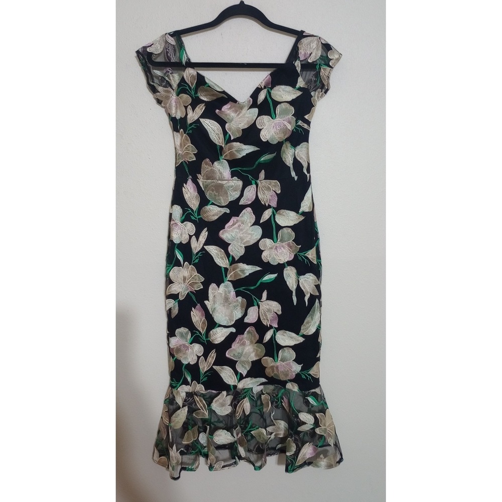 Siena Floral Embroidered Mesh Midi Dress Black Pink Green V-Neck Mermaid Hem 6